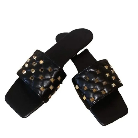 Square Toe Black Quilted Studded Summer Sandals Size 8.5 - Picture 4 of 15